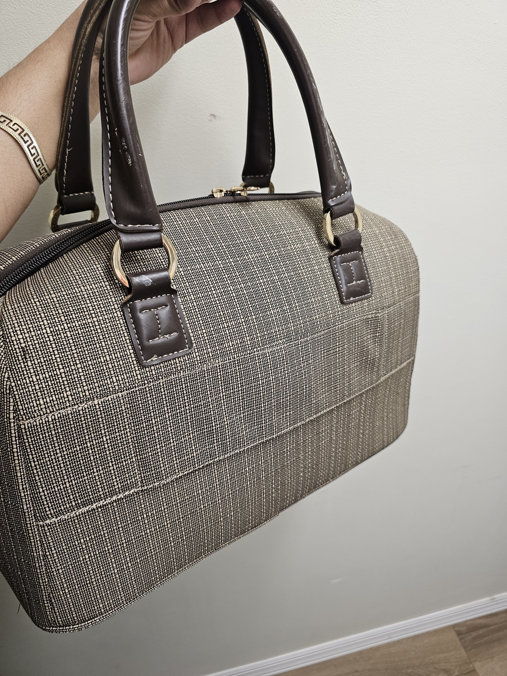 Men's Structured Brown Canvas Carry Bag with Dark Brown Handles
